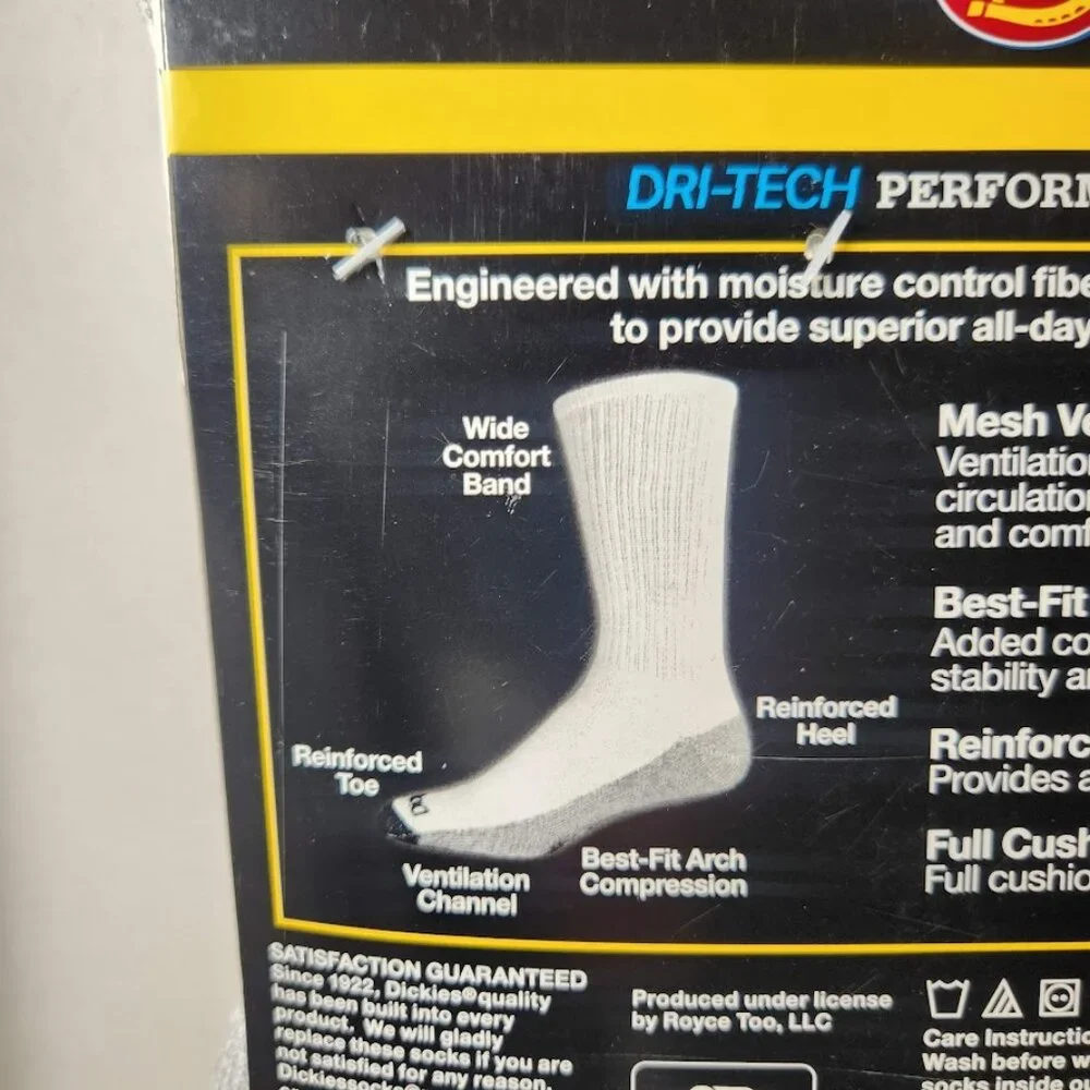NEW Dickies Men's Dri-Tech Moisture Control Crew Socks 6 Pack Size XL White Soft
